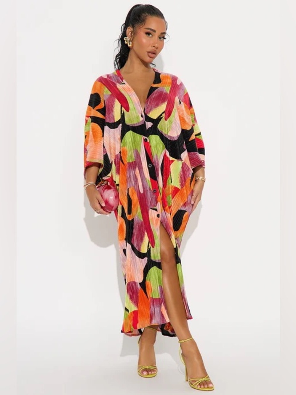 Fashion Nova Neon Abstract Button-Front Dress in Orange Pink Green Black